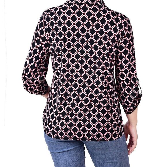 NY Collection 3/4 Roll Tab Sleeve Y‎ Neck Top Black/Red Chain LP NWT IN PKG - Picture 2 of 5